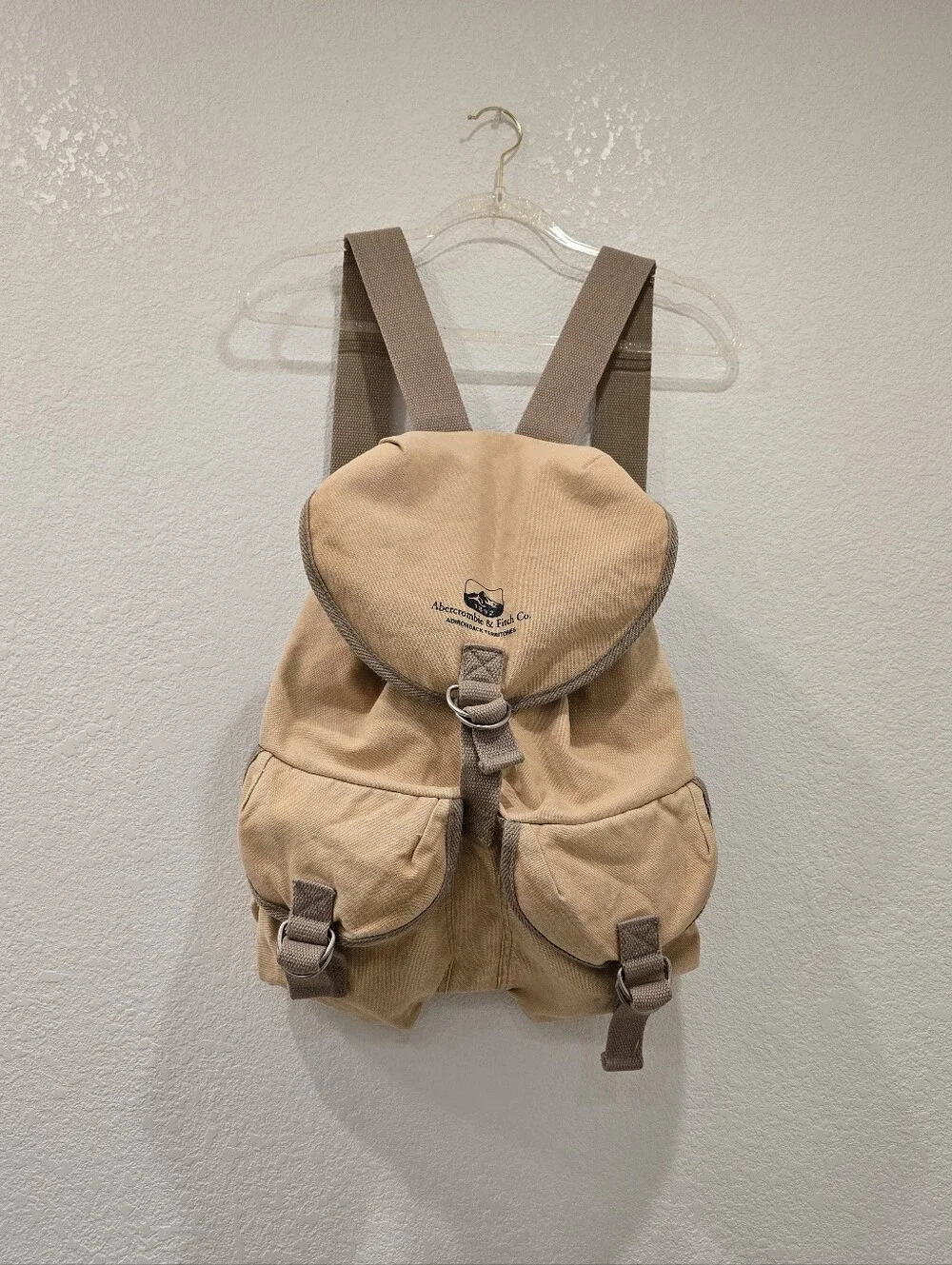 Rare vintage Abercrombie & Fitch canvas rucksack tan beige front cargo pockets